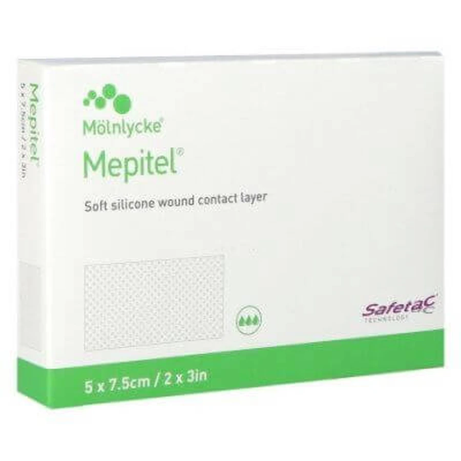 Medicazione di contatto trasparente non assorbente con strato di contatto in silicone morbido mepitel 5x7,5cm 10 pezzi