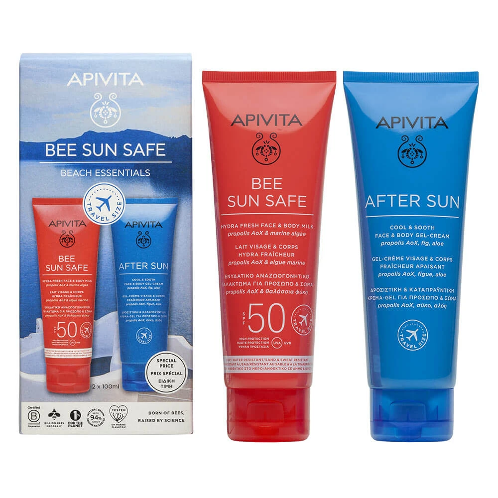 Apivita Bee Sun Safe Beach Essentials Hydra Fresh Face & Body Milk SPF50 100ml & After Sun Cool & Sooth Face & Body Gel-Cream 100ml