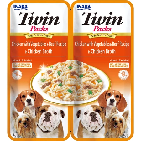 INABA Churu Dog Twin, XS-XL, Pui și Vită, plic hrană umedă fără cereale câini, (în supă), 80g