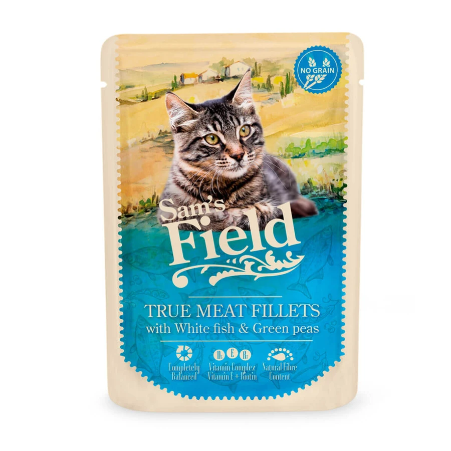 SAM'S FIELD True Meat Fillets, White fish, sachet grain-free wet cat food, (in sauce), 85g