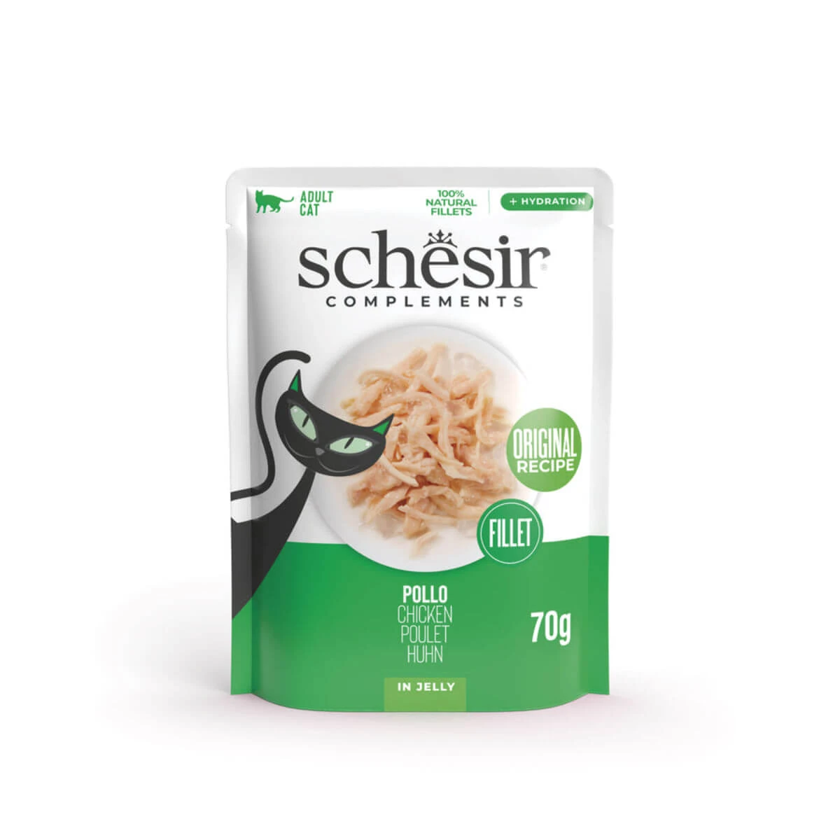 SCHESIR Ergänzungsfuttermittel in Gelee, Huhn, Sachet Nassfutter für Katzen, (in Aspik), 70g