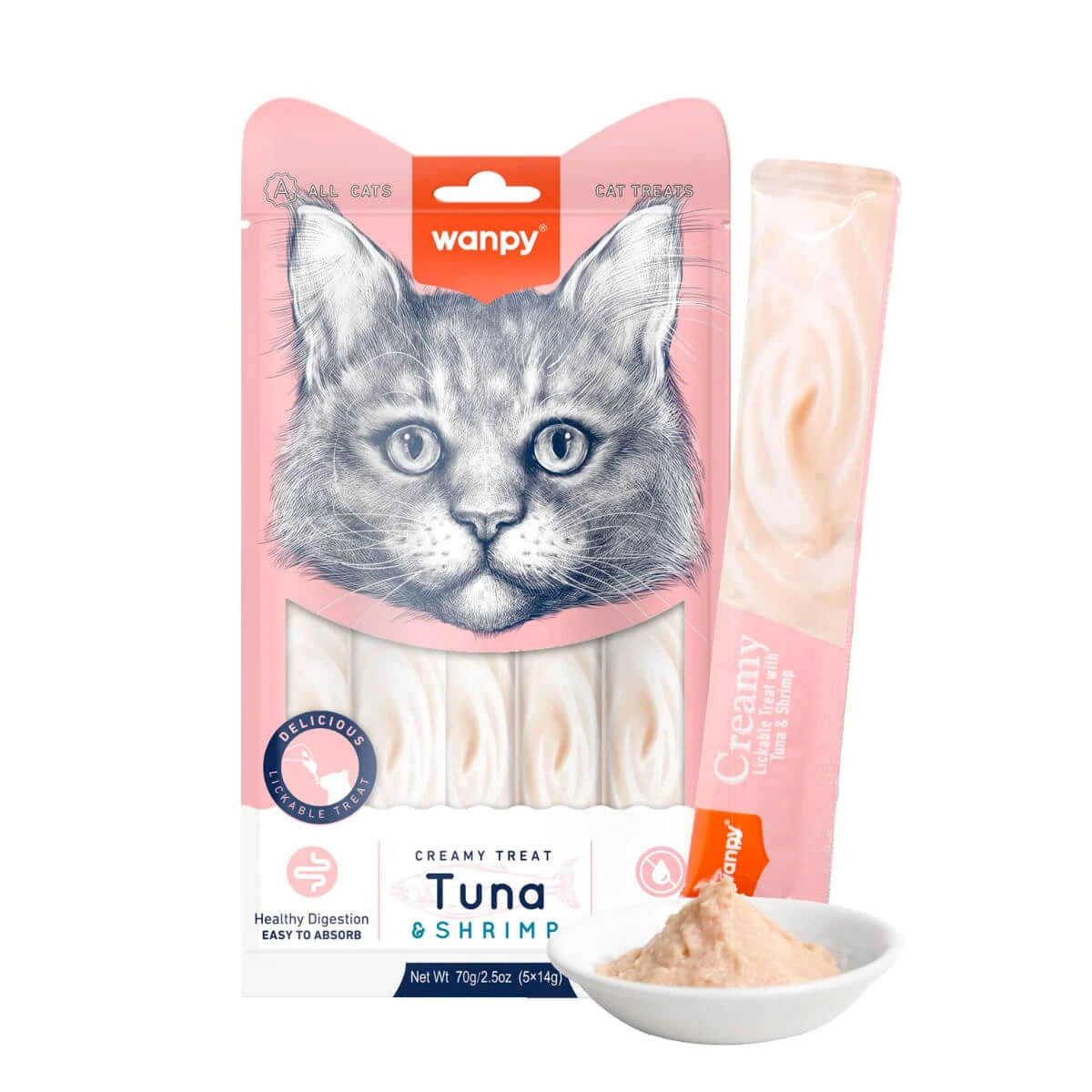 WANPY Creamy Treat, Thunfisch und Shrimps, Belohnungsbeutel für Katzen, (Püree), 70g