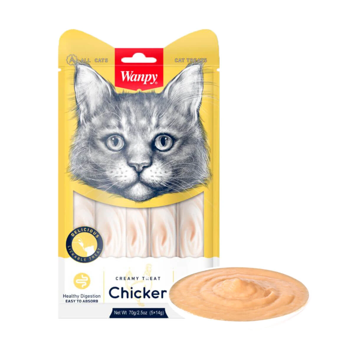 WANPY Creamy Treat, Huhn, Einzelprotein Belohnungsbeutel für Katzen, (Püree), 70g