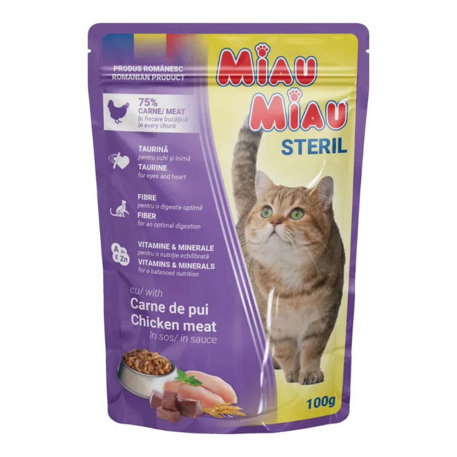 MIAU MIAU Sterilized, Pollo, cibo umido in bustina per gatti sterilizzati, (in salsa), 100g