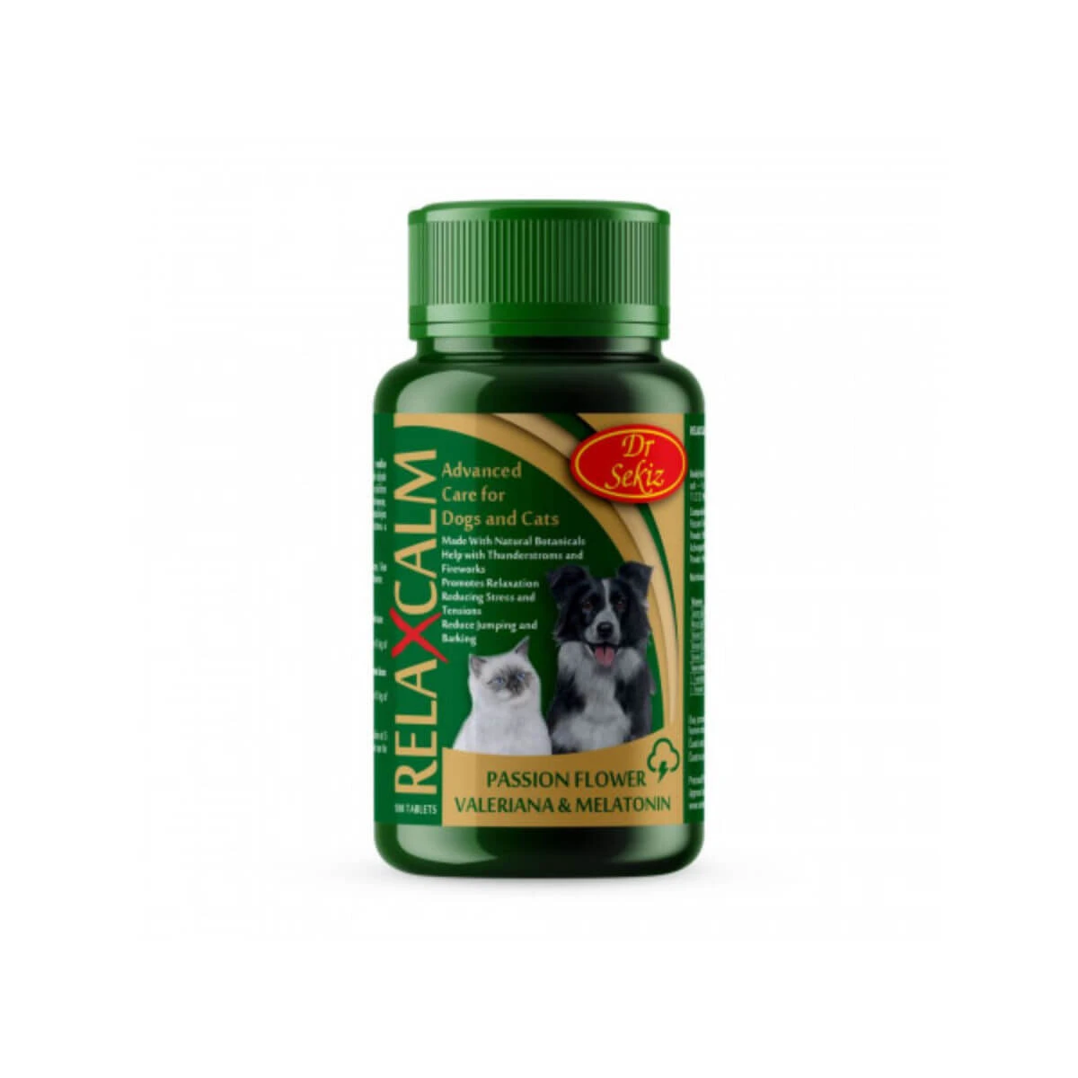 DR. SEKIZ Relaxcalm, XS-XL, Nervensystem & beruhigende Ergänzung für Hunde und Katzen, Flasche, 100 Tabletten