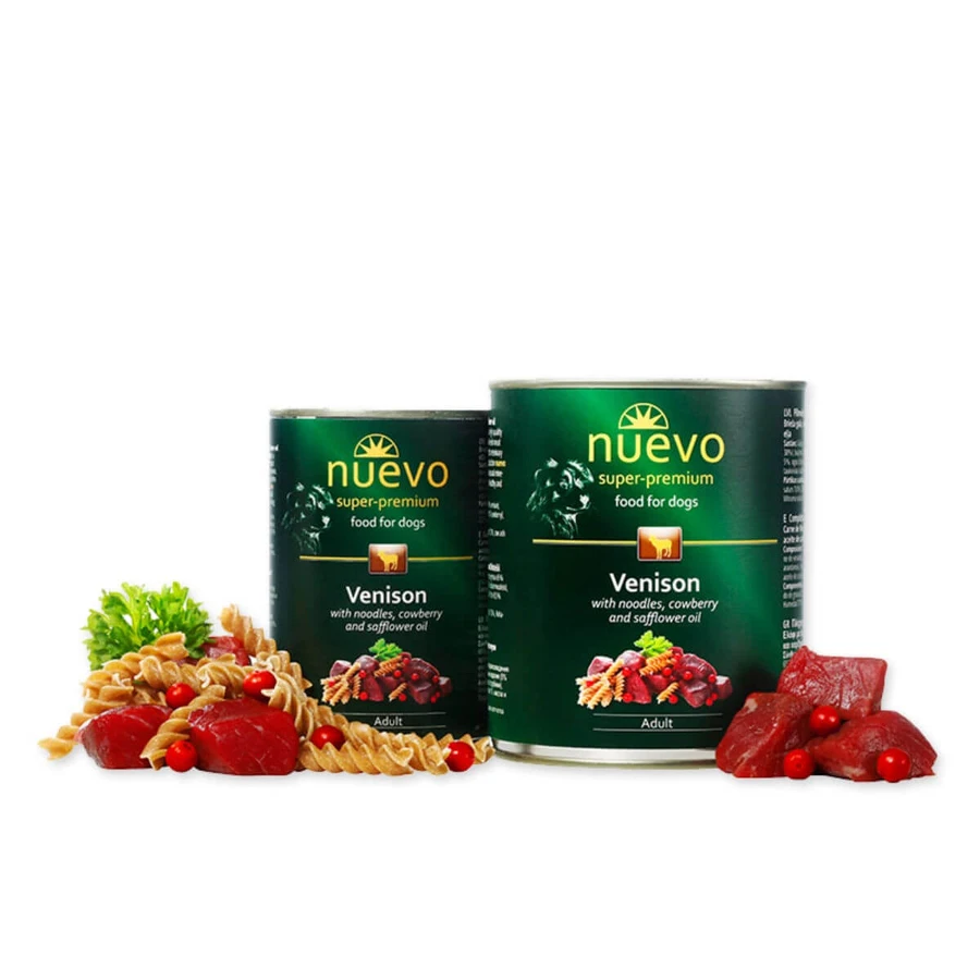 NUEVO Kip, Noedels, Cranberry en Saffloerolie, XS-XL, nat hondenvoer in blik, (pate), 400g