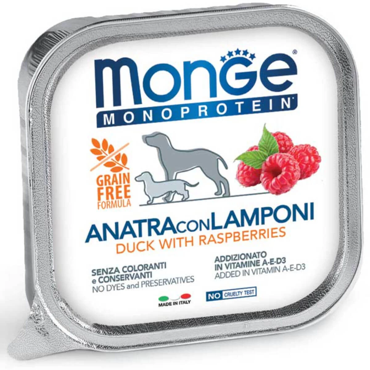 MONGE Monoprotein, XS-XL, Ente und Himbeere, getreidefreies Nassfutter für Hunde mit einem Protein, (Pastete), 150g
