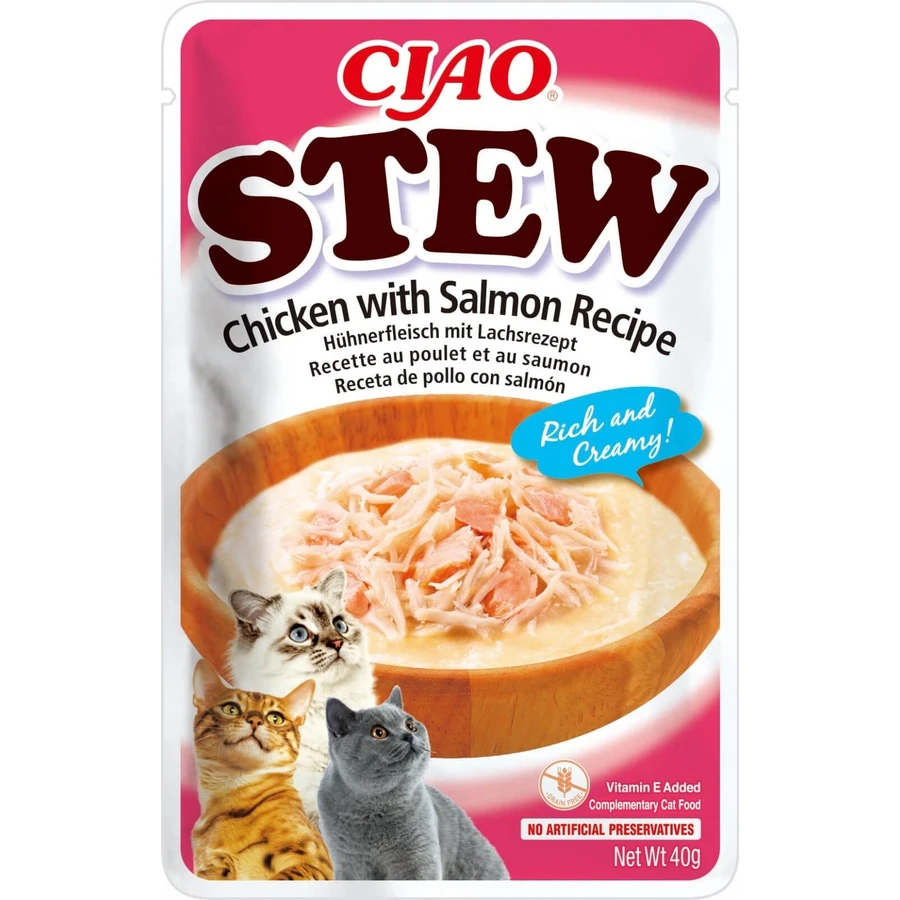 INABA Ciao Stew, Salmon and Chicken, sachet grain-free wet cat food, (in sauce), 40g