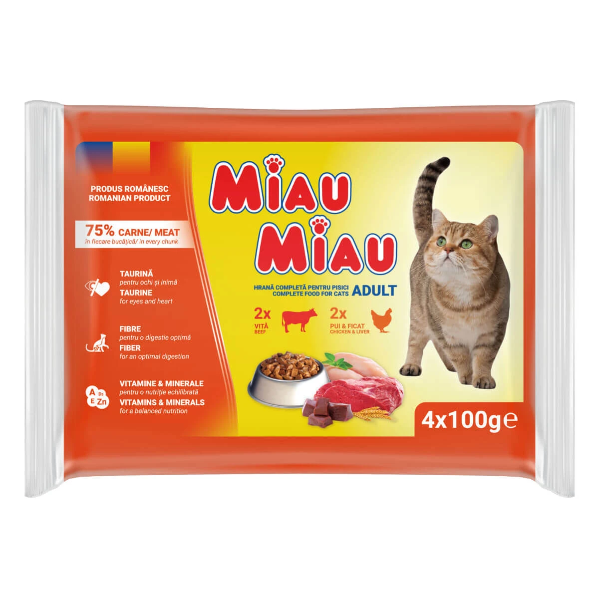 MIAU MIAU Mixed, Rind und Huhn, Sachet Nassfutter für Katzen, (in Sauce), Multipack, 100g x 4 Stk