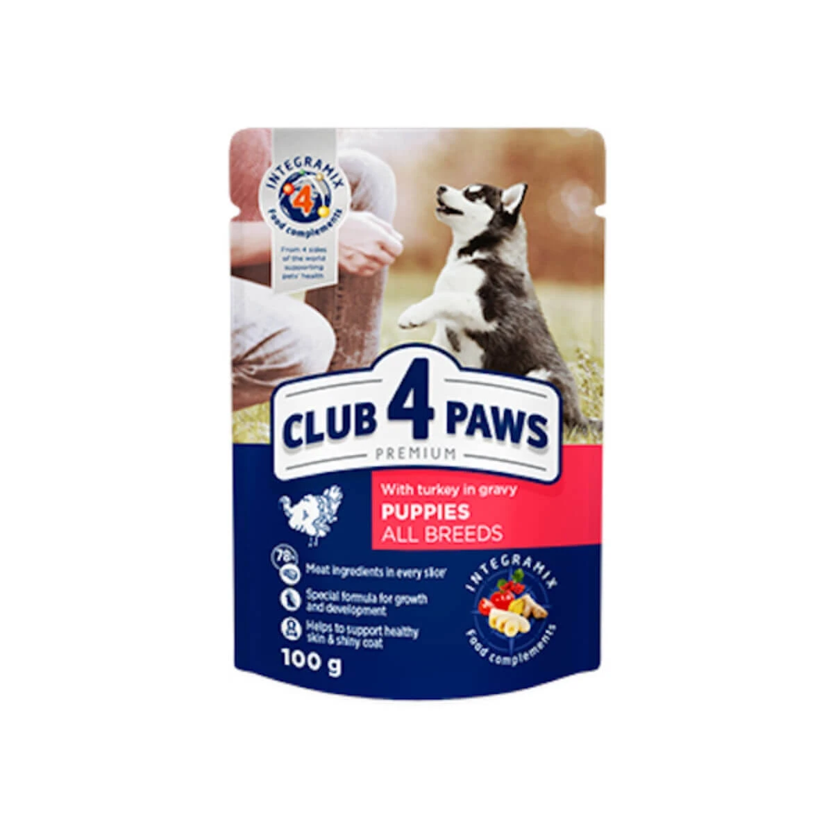 CLUB 4 PAWS Premium Puppies, XS-XL, Truthahn, Beutel Nassfutter für junge Hunde, (in Sauce), 100g