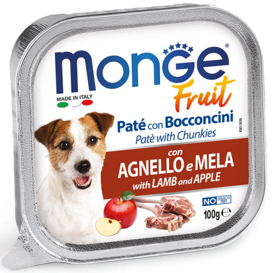MONGE Fruit, XS-XL, agneau et pommes, nourriture humide sans céréales pour chiens, (dans son propre jus), 100g