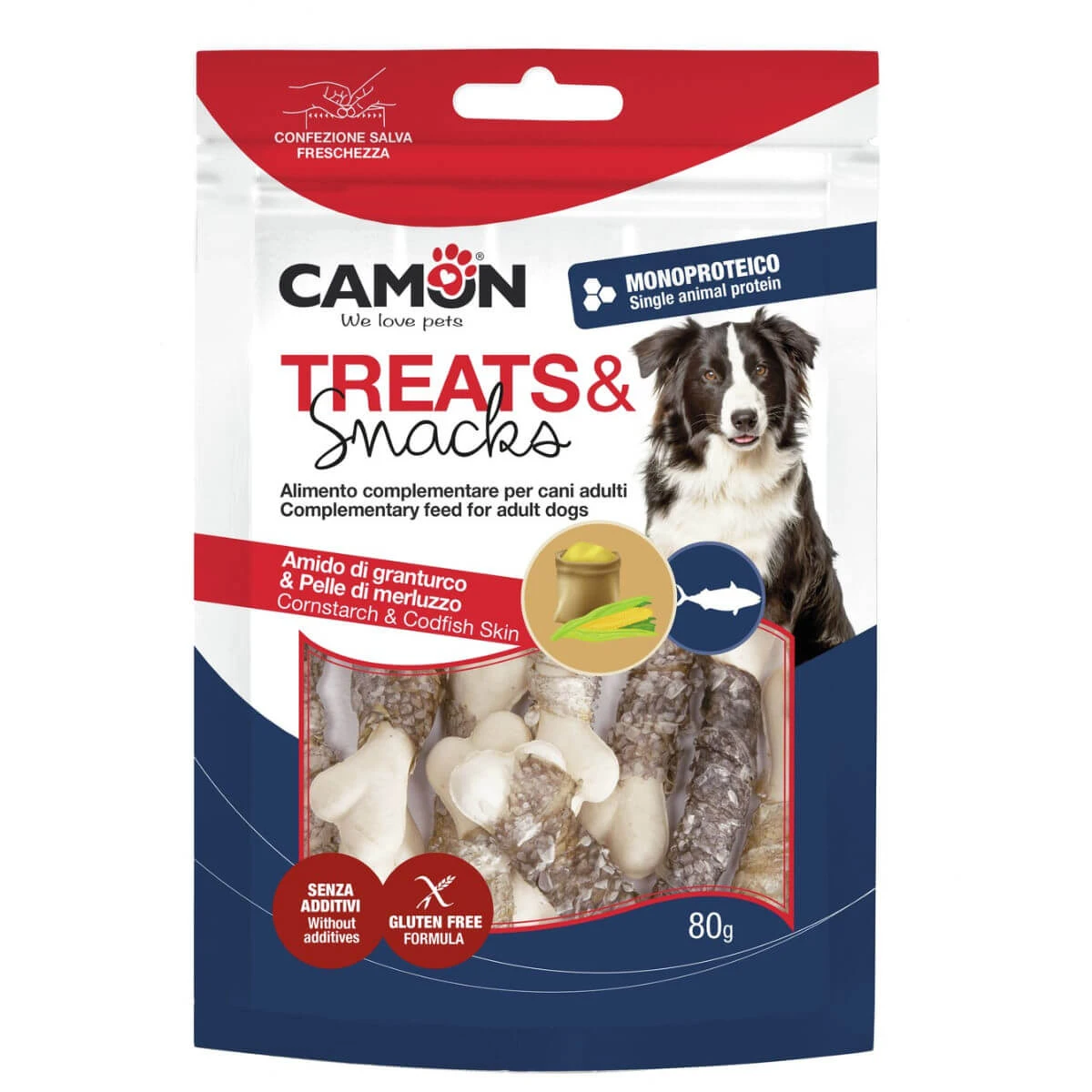 CAMON Kabeljau Kabeljau Haut & Maisstärke Knochen, XS-XL, Kabeljau, Belohnungsbeutel Hunde, 80g