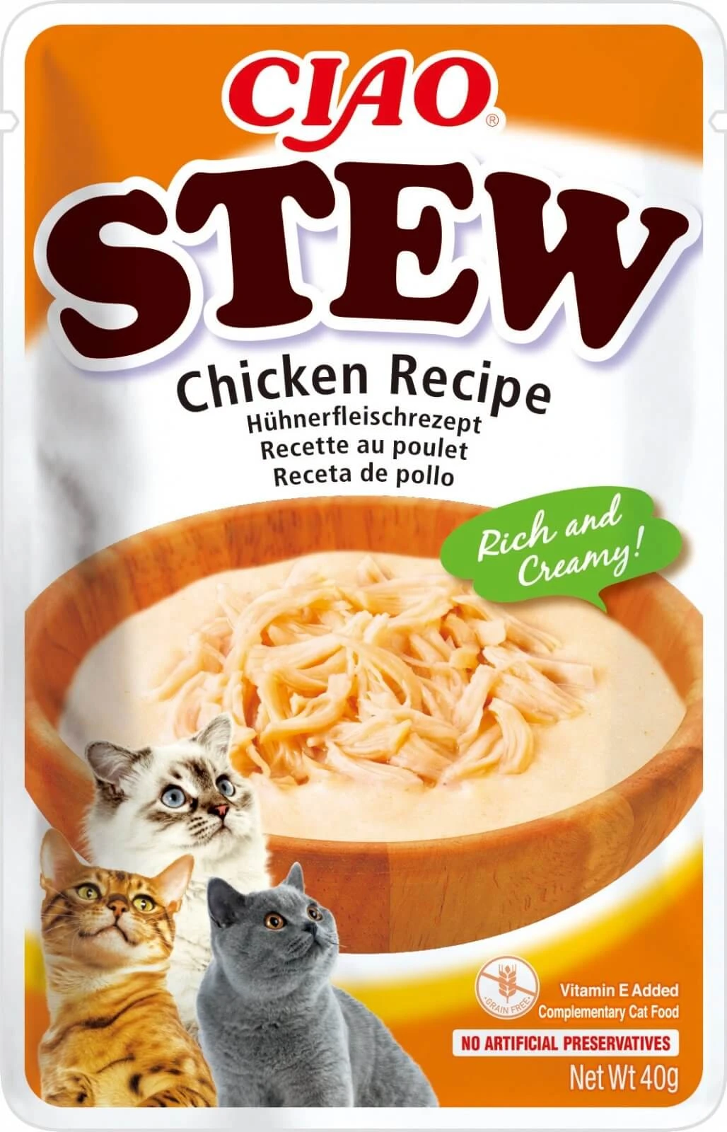 INABA Ciao Stew, Huhn, Beutel getreidefreies Katzennassfutter, (in Sauce), 40g