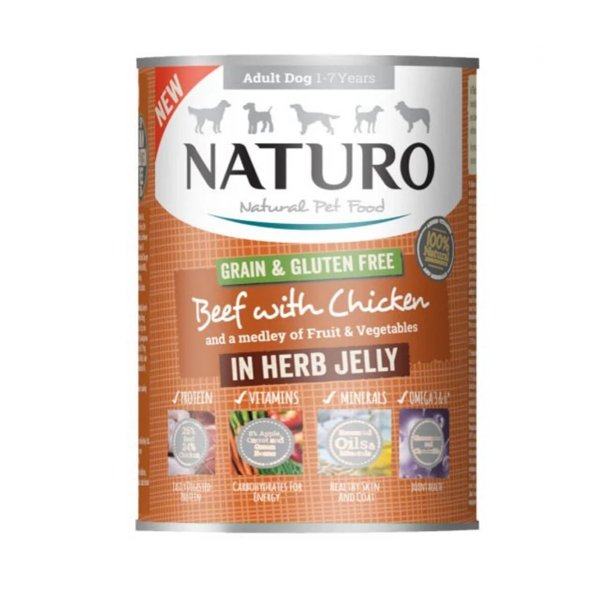 NATURO Grain Free, XS-L, Rind und Huhn, getreidefreies Nassfutter in Dosen für Hunde, (in Aspik), 390g