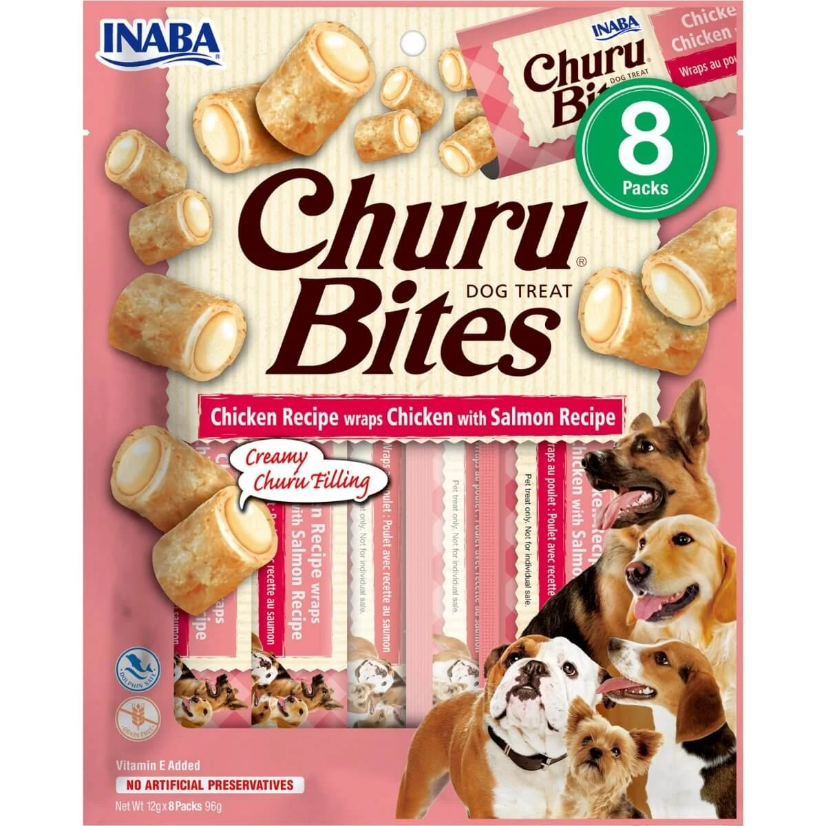 INABA Churu Bites, XS-XL, Huhn und Lachs, getreidefreier Belohnungsbeutel für Hunde, semi-mimoistisch, 92g