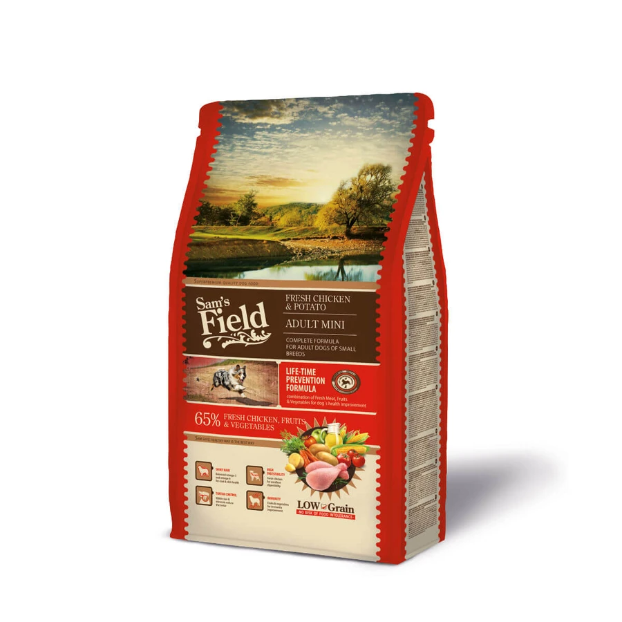 SAM'S FIELD Fresh Adult Mini, XS-S, Pollo e Patate, cibo secco a basso contenuto di cereali per cani, 2,5kg