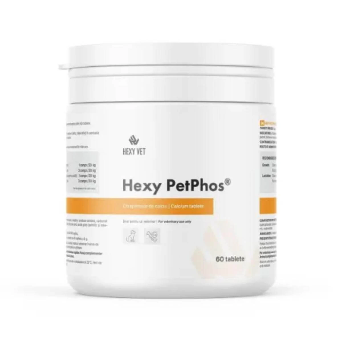 HEXY VET Hexy PetPhos Calcium Tabletten, XS-XL, Knochensystemergänzung für Hunde, Flasche, 60 Tabletten