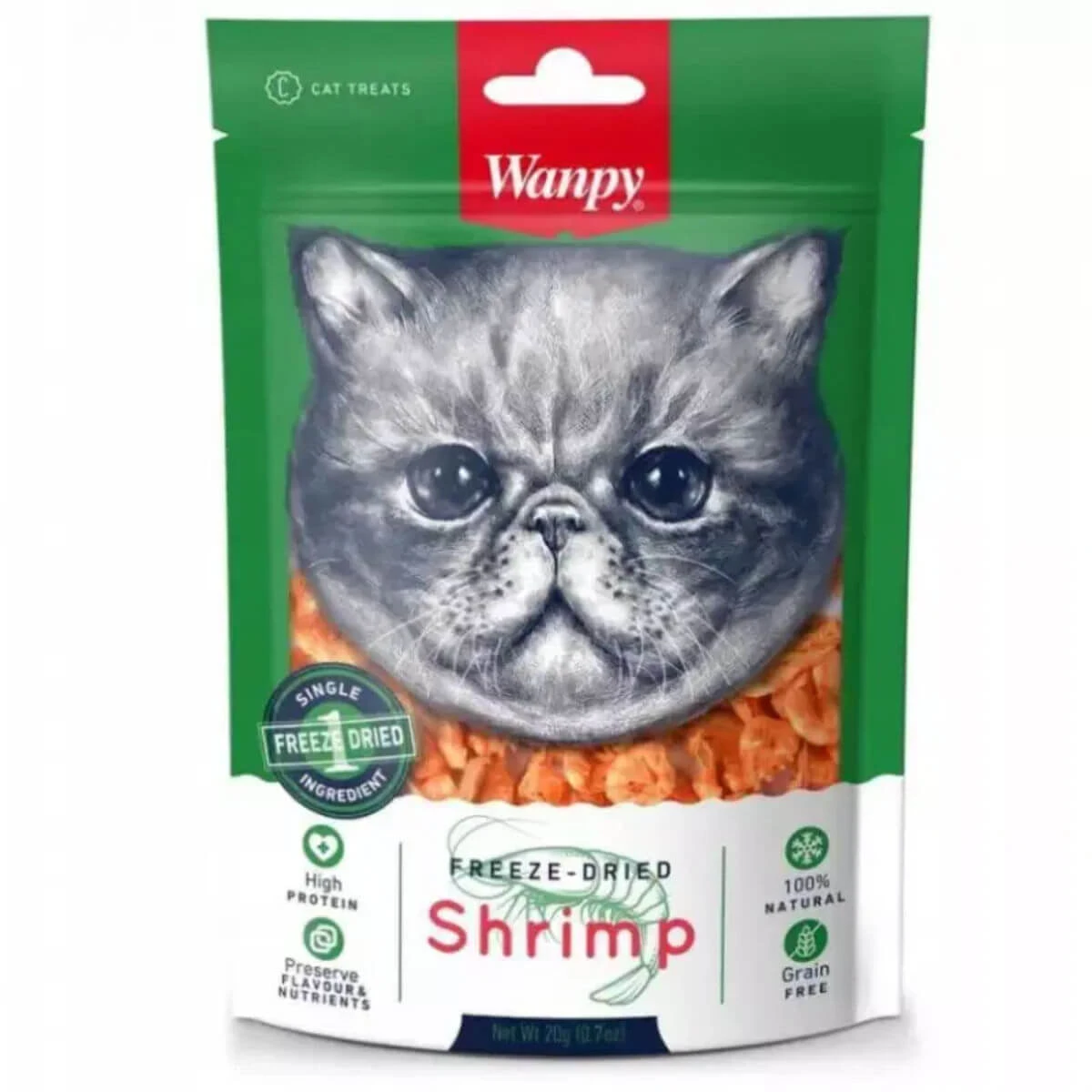WANPY Gefriergetrocknete Shrimps, Einzelprotein-Belohnungsbeutel für Katzen, 20 g