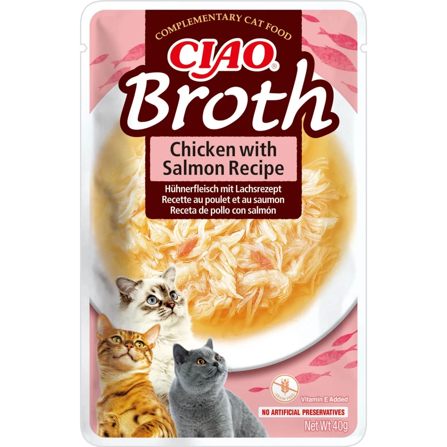 INABA Ciao Broth, Łosoś, saszetka bezzbożowej mokrej karmy dla kotów (w zupie), 40g: ceny i cechy