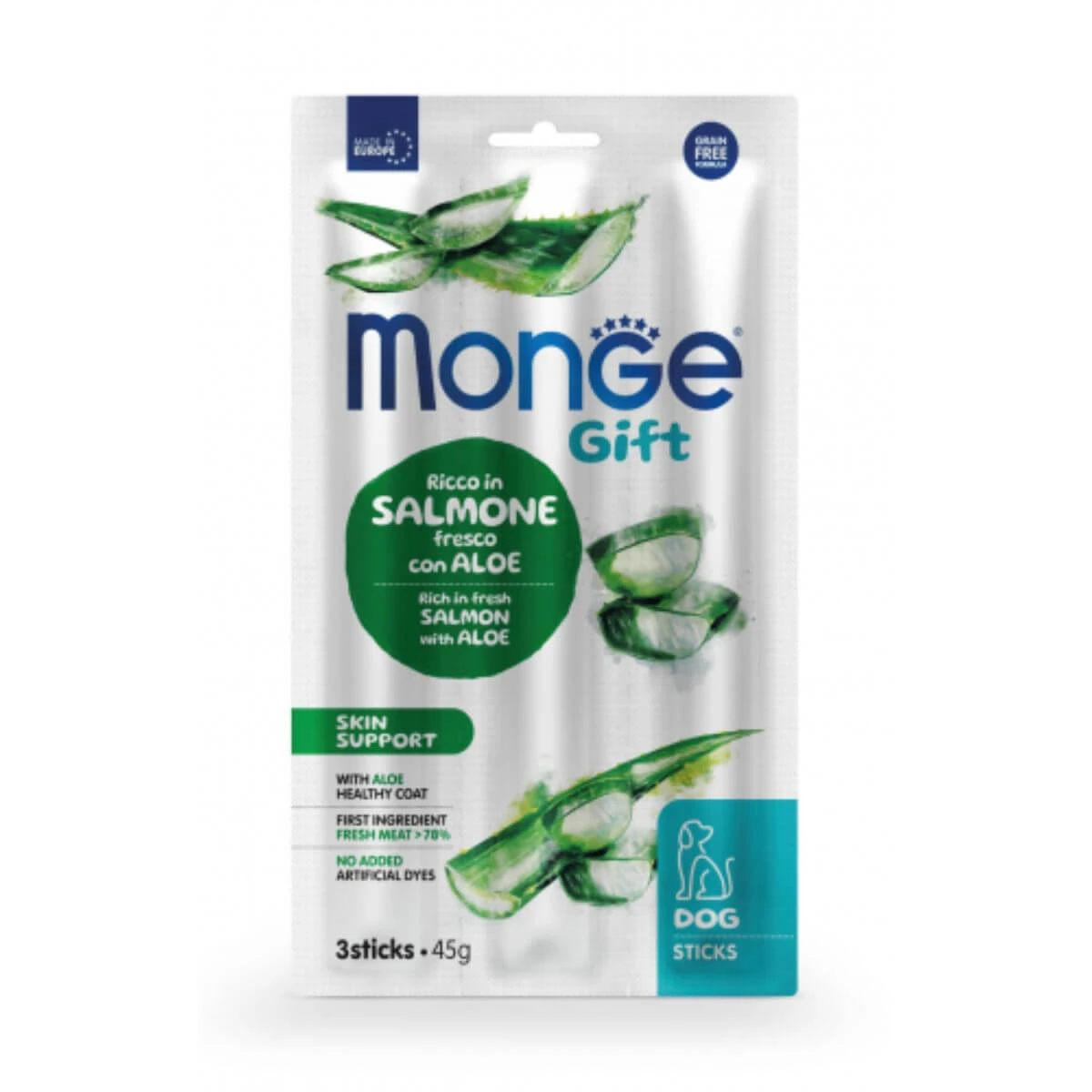 MONGE MONGE Gift Skin Support, XS-XL, Lachs und Aloe Vera, funktioneller getreidefreier Belohnungsbeutel für Hunde, Haut & Fell, 45g