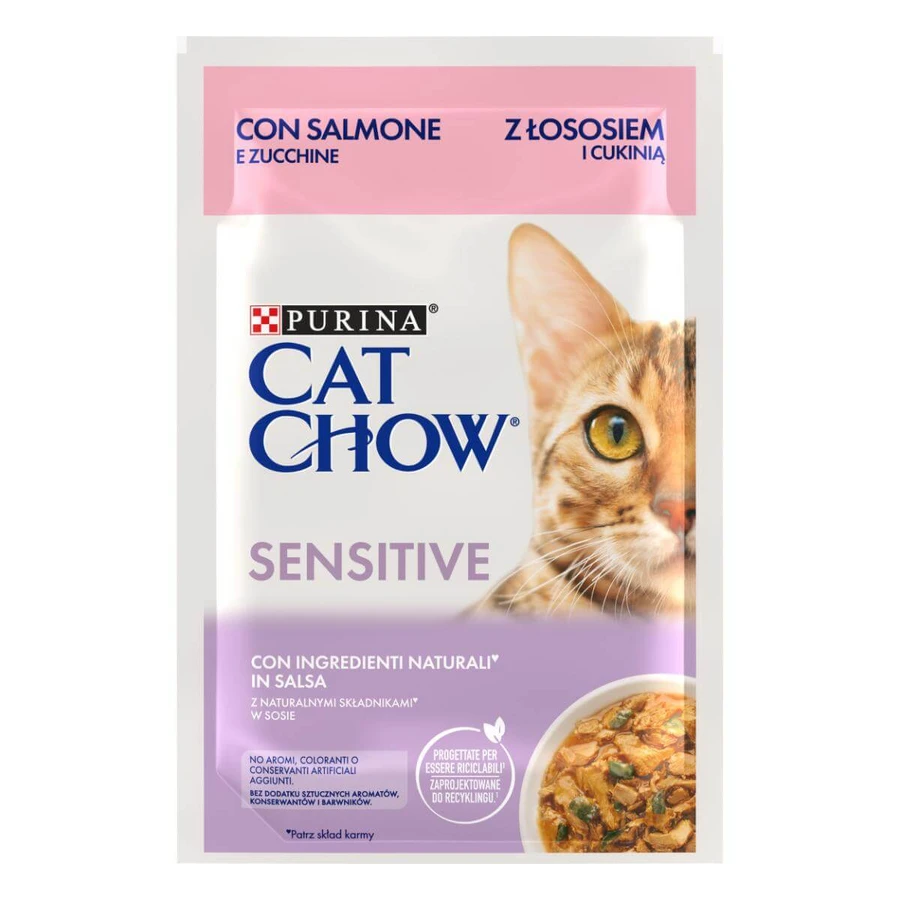 PURINA Cat Chow Sensitive, Somon și dovleac, plic hrană umedă pisici, sistem digestiv, (în sos), 85g