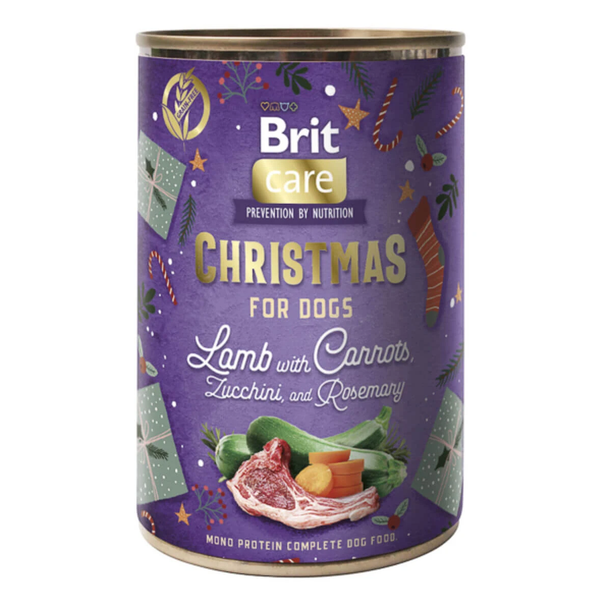 BRIT Christmas Monoprotein, XS-XL, Lamm und Zucchini, getreidefreies Monoprotein-Nassfutter in Dosen für Hunde, (Pastete), 400g