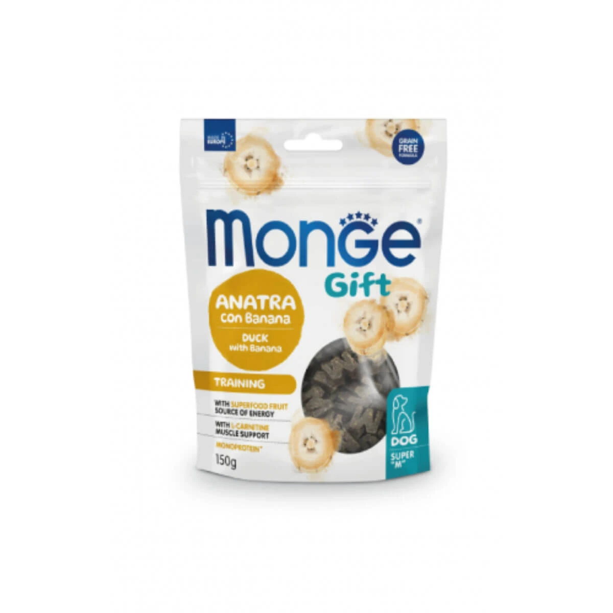 MONGE Gift Super M Super M Training, XS-XL, Ente und Banane, funktioneller getreidefreier Belohnungsbeutel für Hunde, 150g