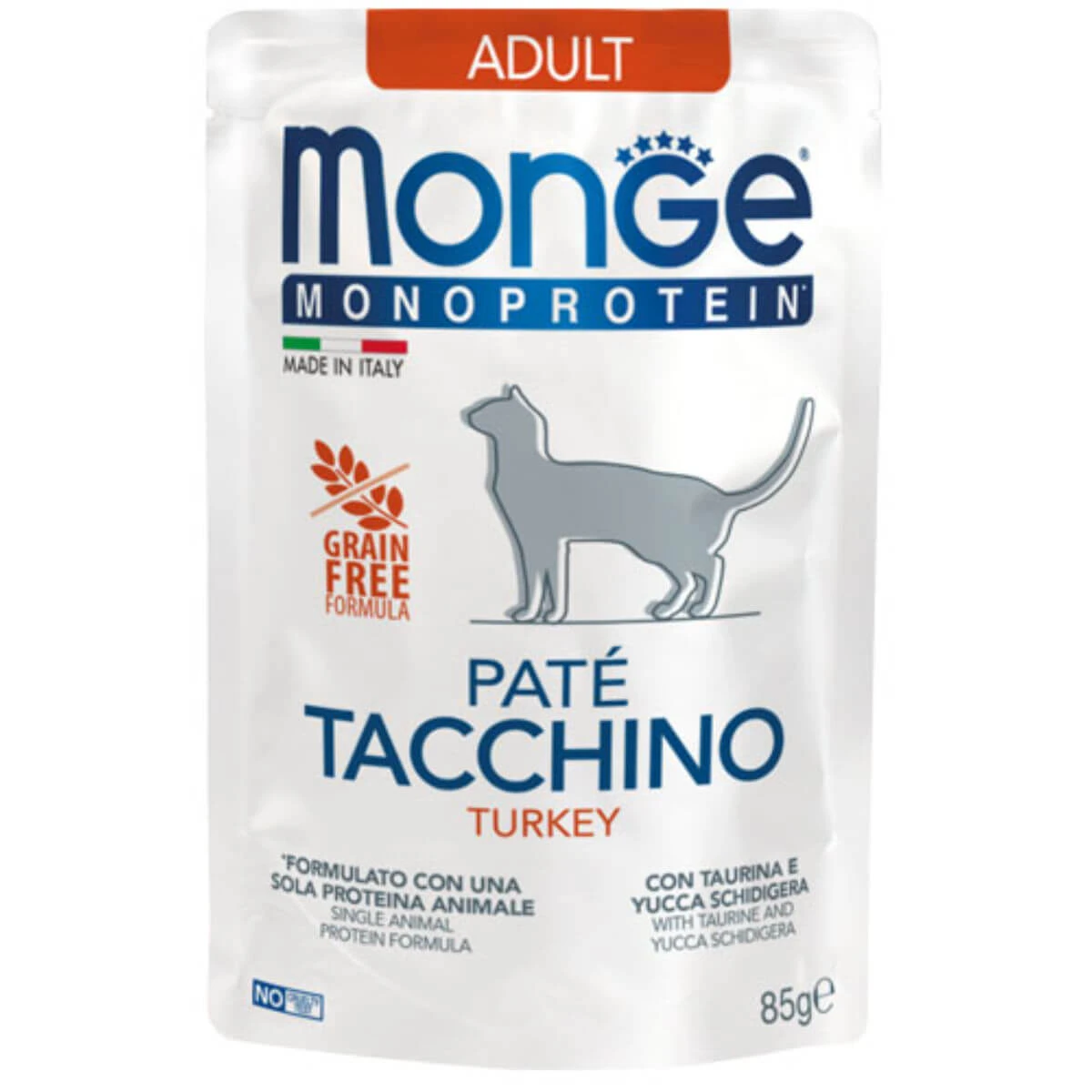 MONGE Monoprotein, Truthahn, Beutel, Einzelprotein, getreidefreies Nassfutter für Katzen, (Pastete), 85g