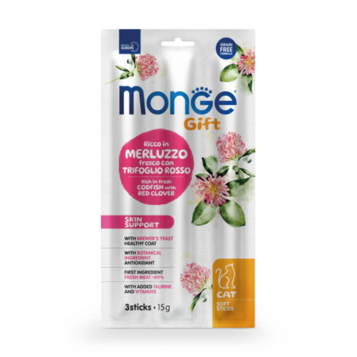 MONGE MONGE Gift Skin Support Soft Sticks, Kabeljau und Klee, getreidefreier funktioneller Belohnungsbeutel für Katzen, Haut & Fell, 15g
