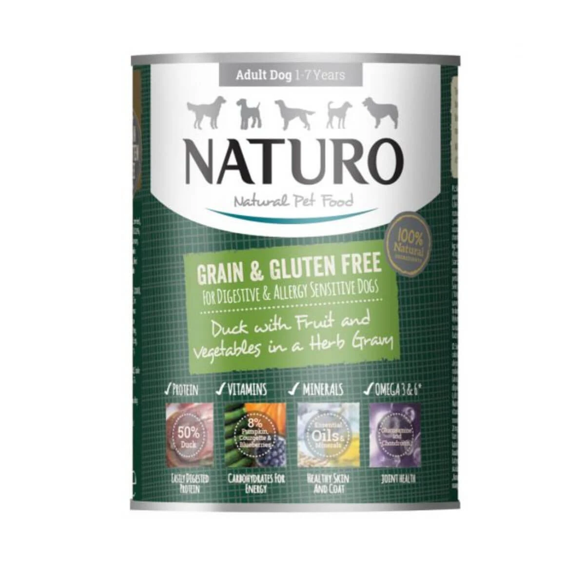 NATURO Grain Free, XS-L, Ente und Gemüse, getreidefreies Nassfutter in Dosen für Hunde, (in Sauce), 390g