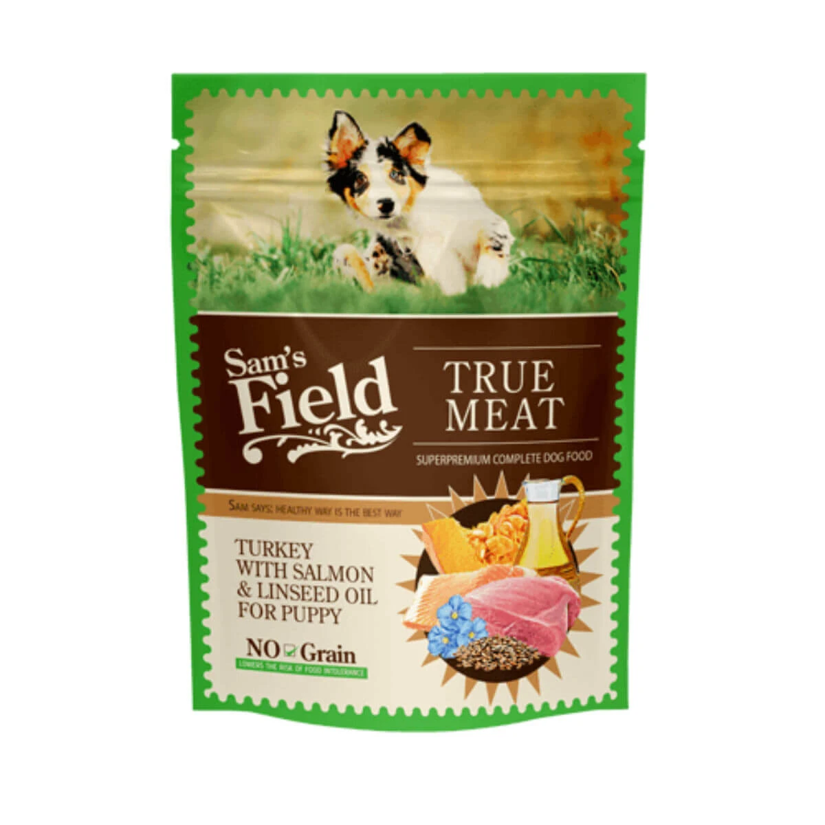 SAM'S FIELD Puppy, XS-XL, Truthahn und Lachs, getreidefreies Nassfutter im Beutel für junge Hunde, (in Aspik), 260g