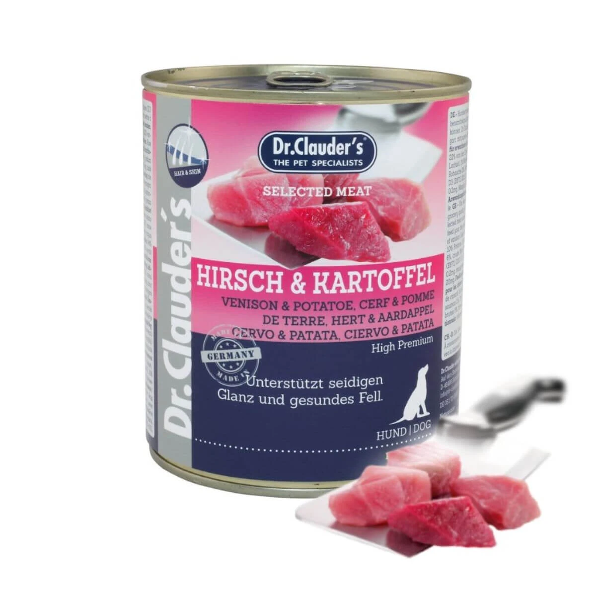 DR. CLAUDER'S Selected Meat, XS-XL, Hirsch und Kartoffeln, getreidefreies Hundefeuchtfutter in Dosen, (im eigenen Saft), 800g