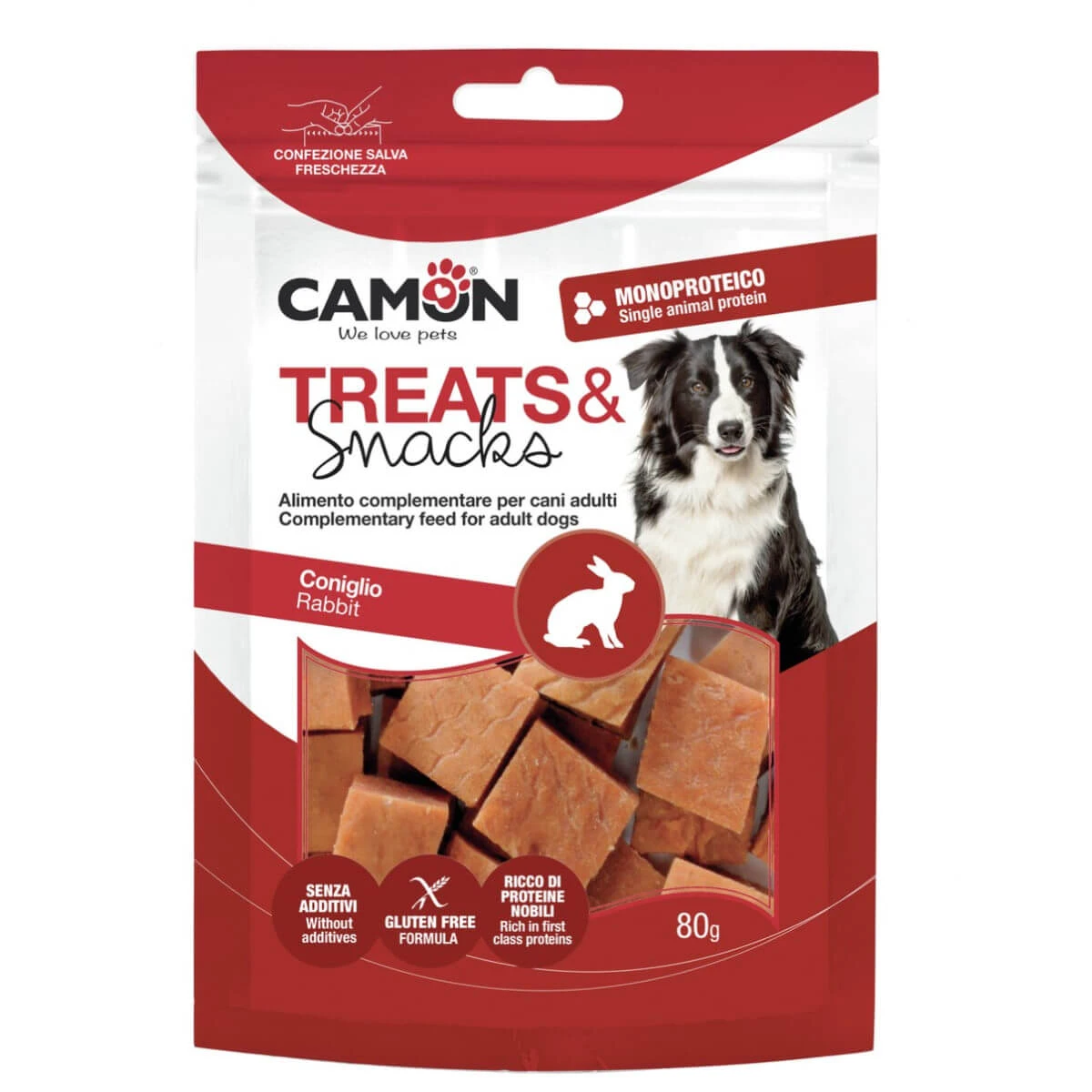 CAMON Kaninchenwürfel, XS-XL, Kaninchen, Belohnungsbeutel für Hunde, 80g