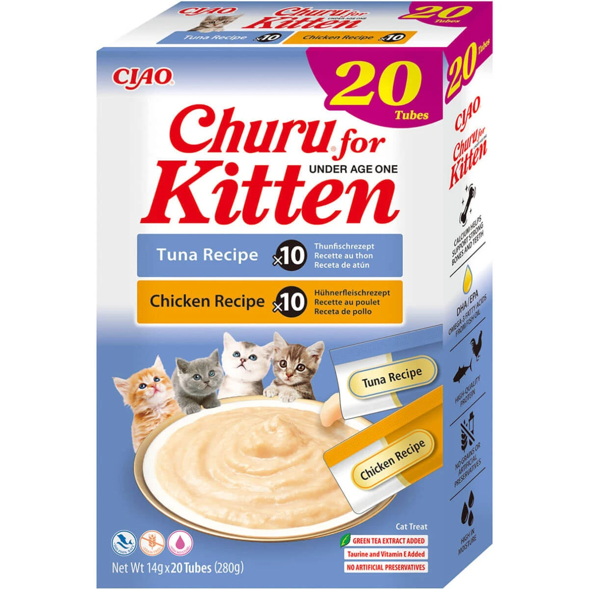 INABA Churu Creamy Creamy Kitten Varieties, Huhn und Thunfisch, getreidefreie Belohnungsbox für junge Katzen, (püriert), 280g