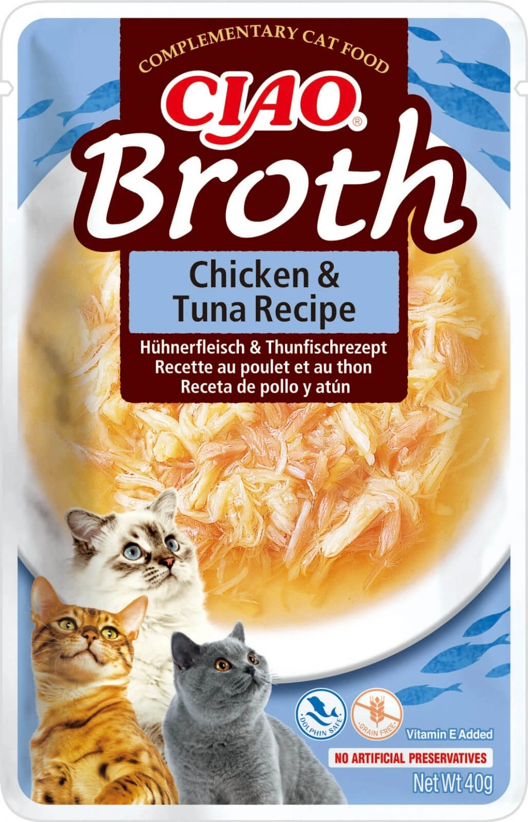 INABA Ciao Broth, Huhn und Thunfisch, Beutel getreidefreies Katzennassfutter, (in Suppe), 40g