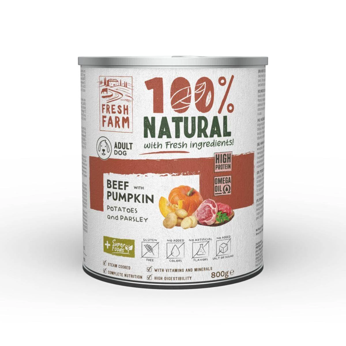 FRESH FARM Coarse, XS-XL, Rindfleisch und Kürbis, getreidefreies Hundefutter in Dosen, (Pastete), 800g