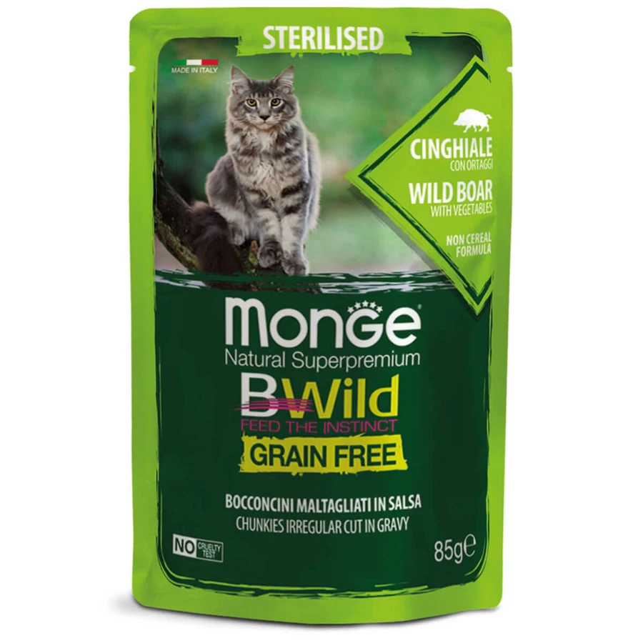 MONGE BWild BWild Sterilized, Wildschwein und Gemüse, Beutel mit getreidefreiem Nassfutter für sterilisierte Katzen, (in Sauce), 85g