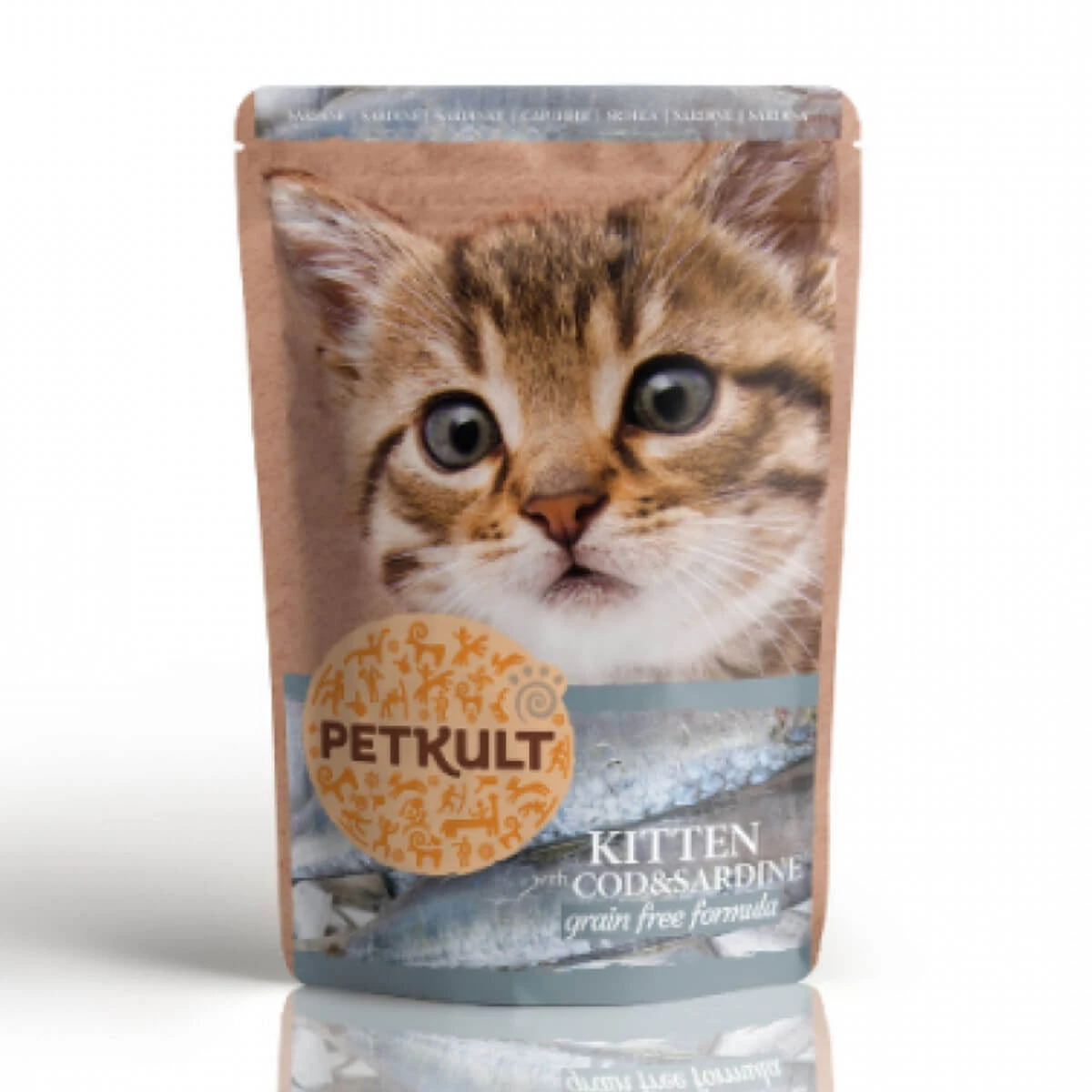PETKULT Kitten, Kabeljau und Sardinen, Portionsbeutel getreidefreies Nassfutter für junge Katzen, 100g
