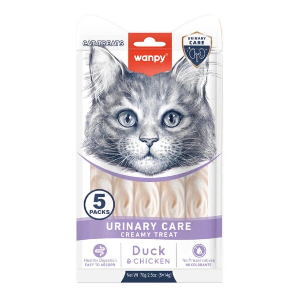 WANPY Urinary Care Creamy Creamy Treats, Ente und Huhn, funktionelle Katzenleckerlis im Beutel, Harnwege, (püriert), 70g, 70g