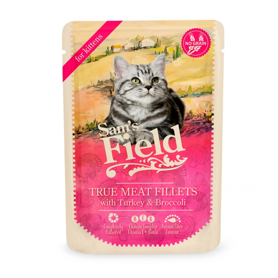 SAM'S FIELD True Meat Fillets Kitten, Truthahn und Brokkoli, Beutel getreidefreies Nassfutter für junge Katzen, (in Sauce), 85g