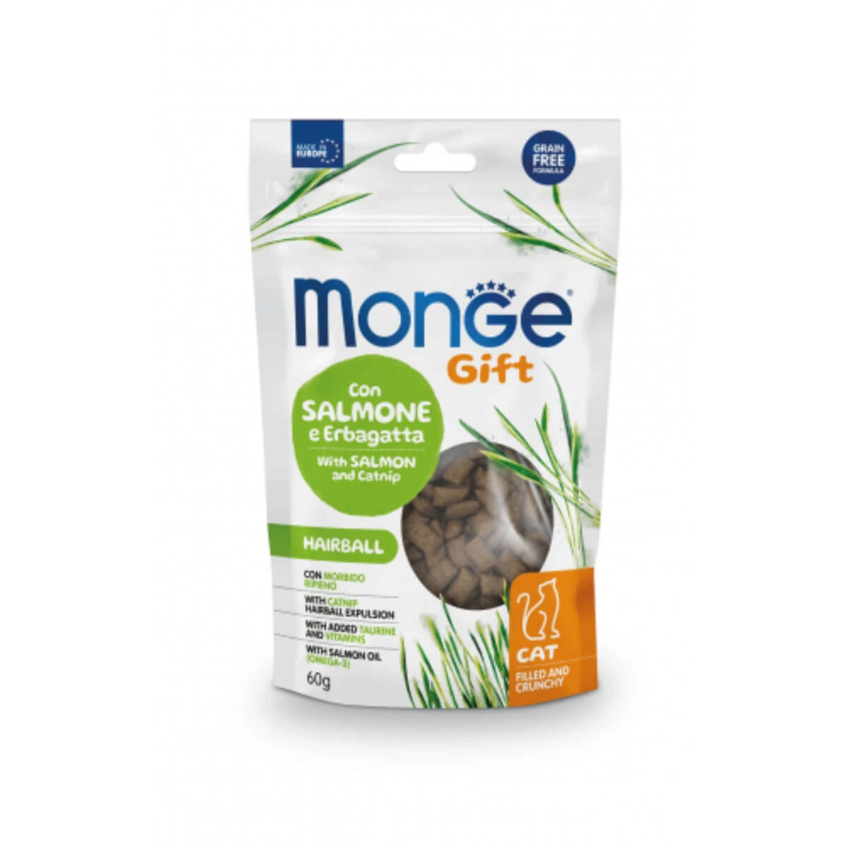 MONGE Gift Hairball Hairball Filled & Crunchy, Lachs und Katzenminze, funktioneller getreidefreier Katzenleckerli-Beutel, Furball-Begrenzung, 60g