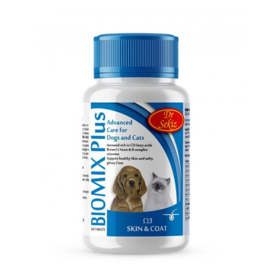 DR. SEKIZ Biomix Plus Omega3, XS-XL, integratore per pelle e pelo per cani e gatti, flacone, 100 compresse