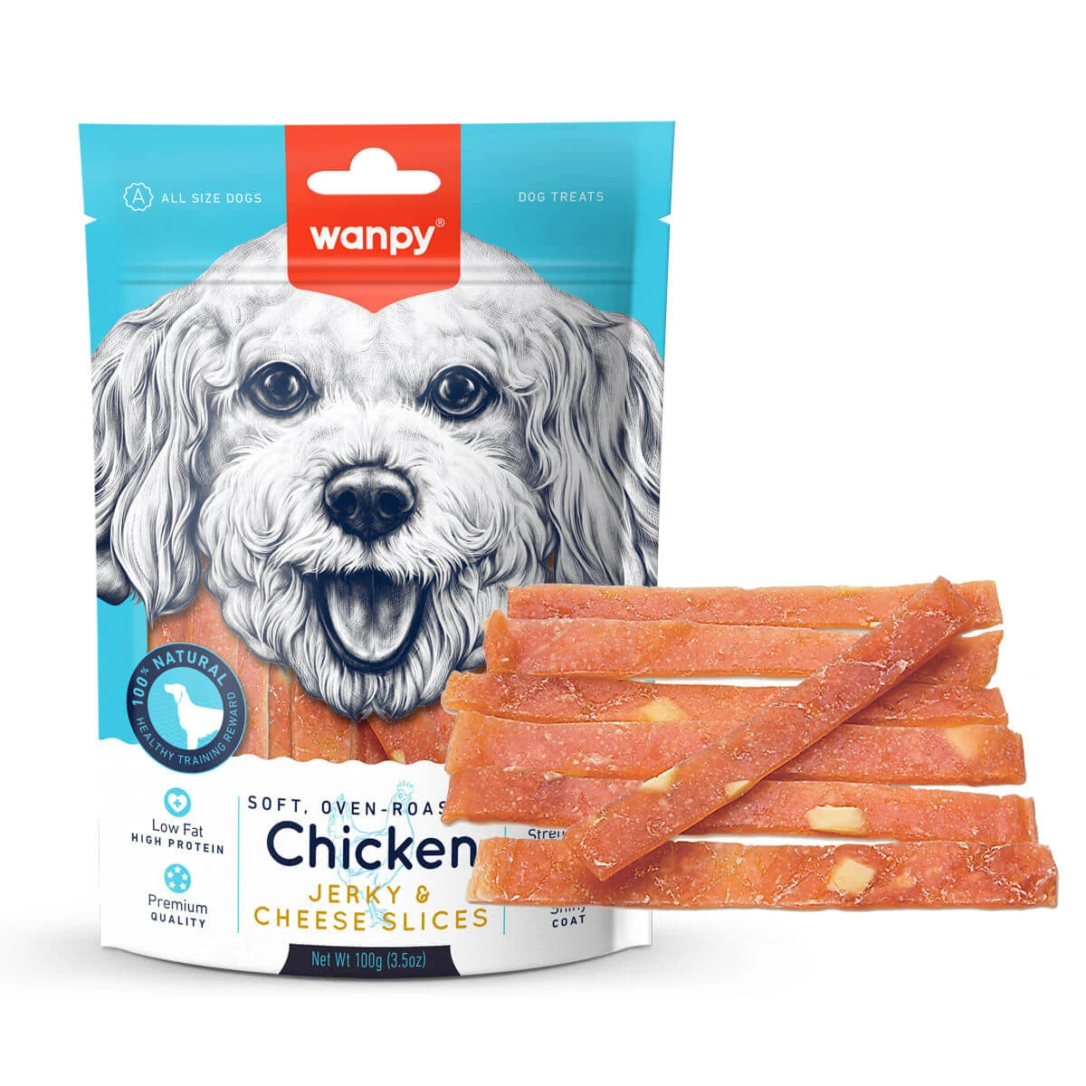 WANPY Jerky & Cheese Slices, XS-M, Huhn & Käse, Belohnungsbeutel Hunde, (Püree), 70g