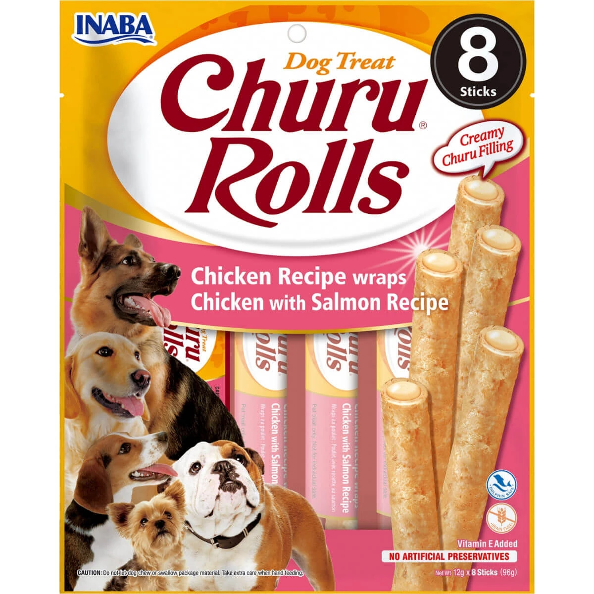 INABA Churu Rolls, XS-XL, Huhn und Lachs, getreidefreier Belohnungsbeutel für Hunde, halb selbstgemacht, 92g