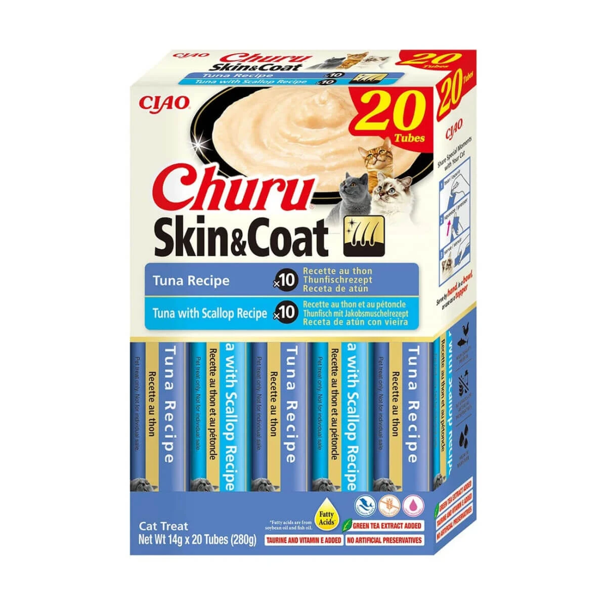 INABA Churu Churu Skin&Coat Thunfischsorten, Thunfisch, getreidefreie Belohnungsbox für Katzen, (Püree), 280g