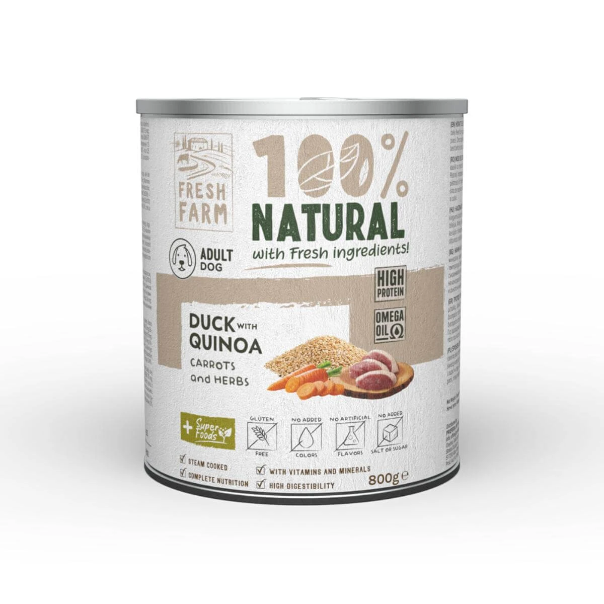 FRESH FARM Coarse, XS-XL, Ente und Quinoa, getreidefreies feuchtes Hundefutter in Dosen, (Pastete), 800g