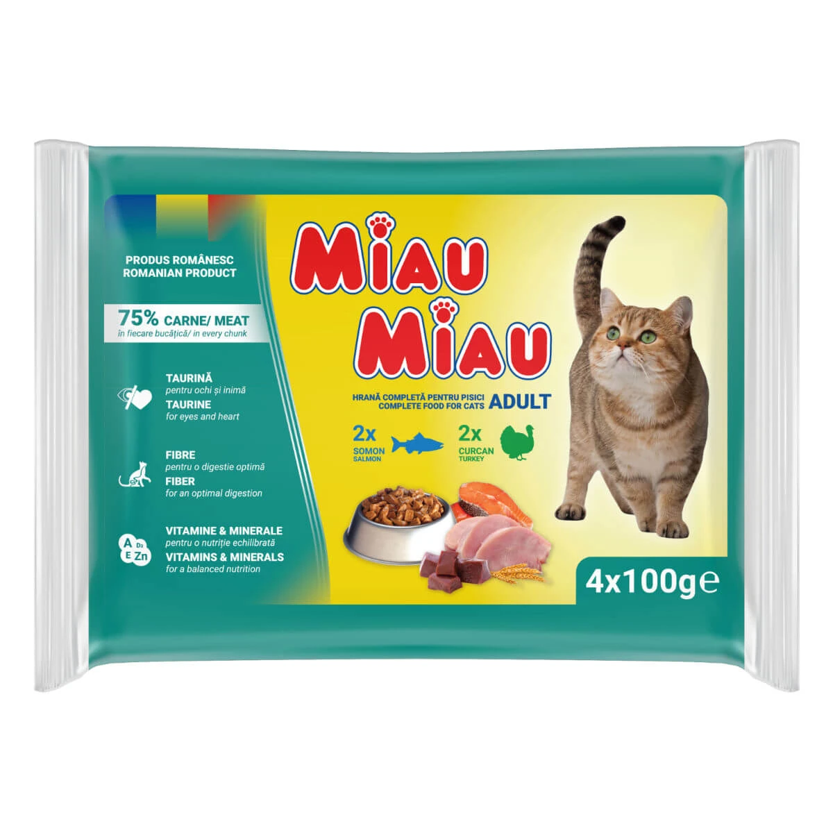 MIAU MIAU Mixed, Truthahn und Lachs, Beutel Katzenfeuchtfutter, (in Sauce), Multipack, 100g x 4St