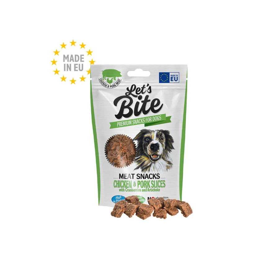BRIT Let's Bite Meat Snacks Chicken & Pork Slices, XS-XL, Huhn und Schweinefleisch, getreidefrei, Belohnungsbeutel, Hunde, 80g
