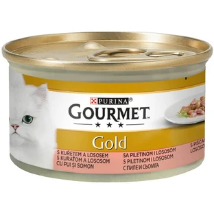 PURINA Gourmet Gold, Pollo y Salmón, comida húmeda en lata para gatos, (trozos en salsa), 85g