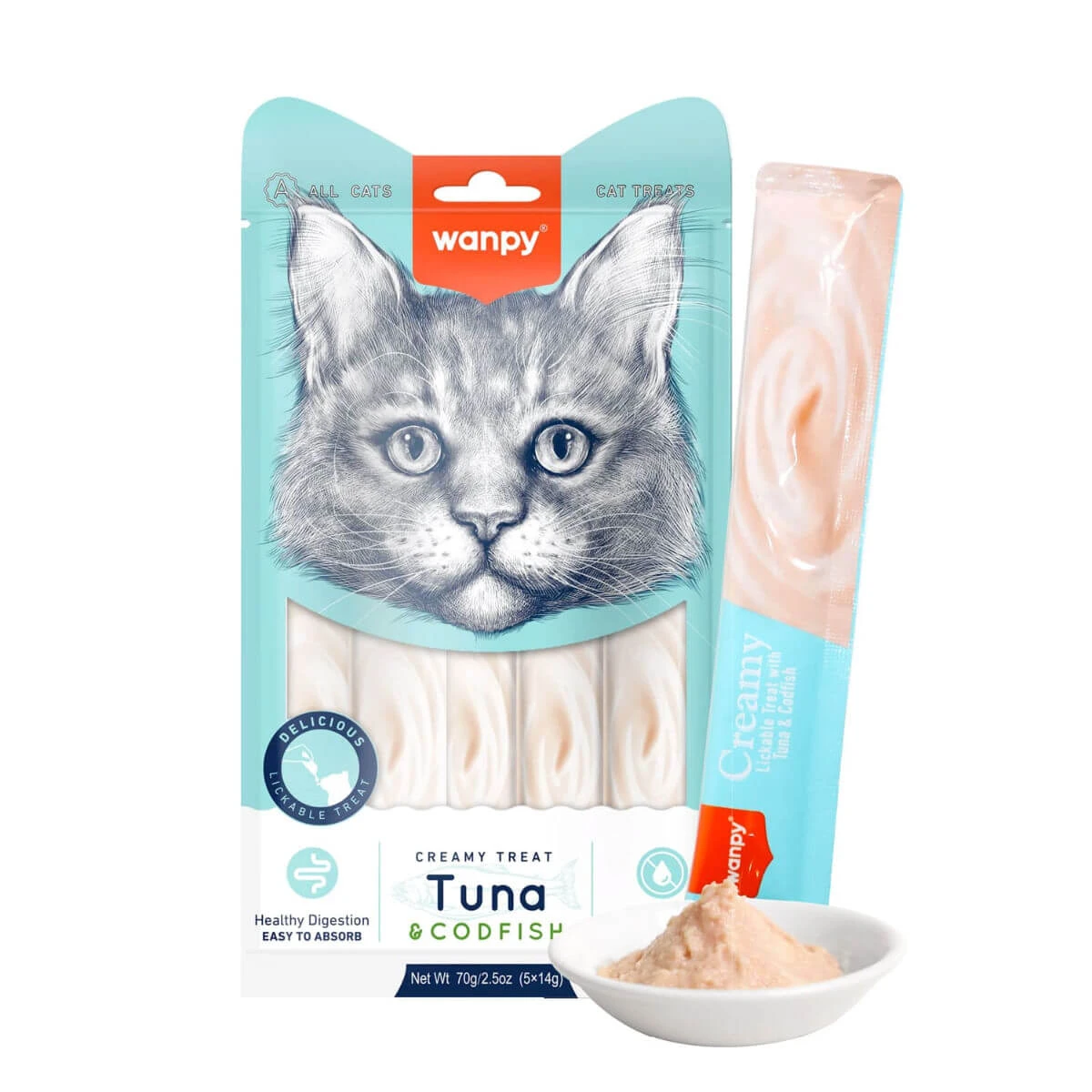 WANPY Creamy Treat, Thunfisch und Kabeljau, Belohnungsbeutel für Katzen, (Püree), 70g